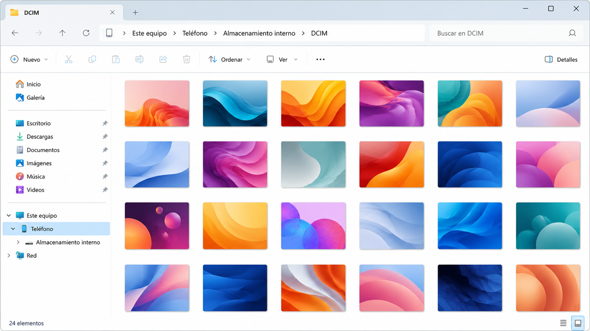 Explorador de archivos mostrando fotos del móvil
