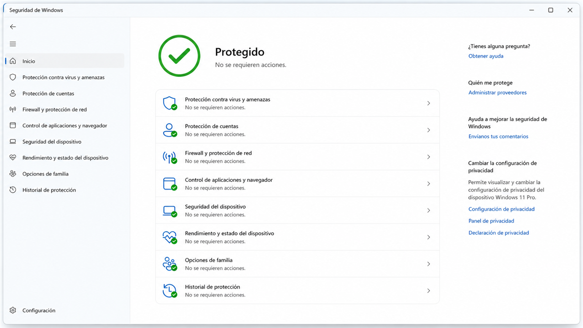Panel de seguridad de Windows Defender
