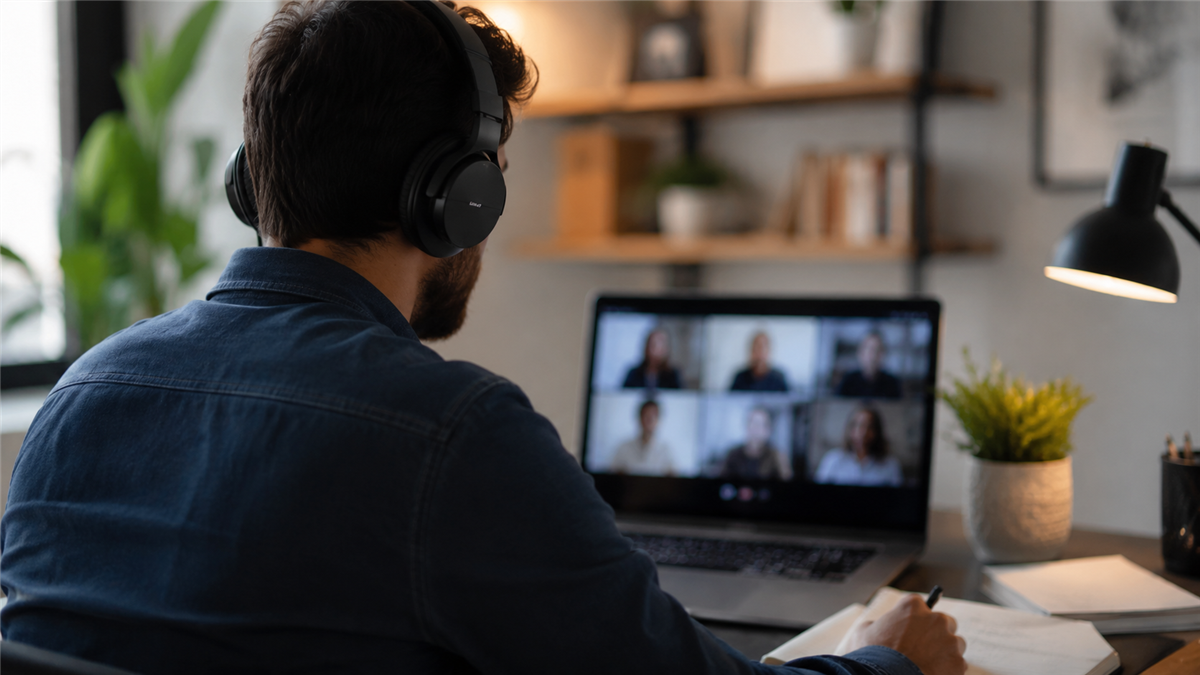 Videollamada con auriculares en el escritorio